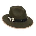 Dark green wool felt fedora with pearl and floral ornaments and beige brim binding - M (56-58cm) / Army Green (88 Series Pearl Flower Decor)