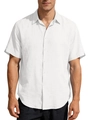 Men's white short sleeve linen polo shirt with lapel collar and casual button-up texture - White
