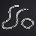 Silver iced out Cuban link chain necklace and bracelet set with square clasp in hip hop style - 8inch Bracelet + 20inch Necklace / Silver