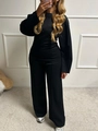 Women's black casual two-piece set featuring long sleeve top and wide leg trousers - S / Black