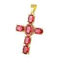 Cross pendant with red oval gemstones and pink accents on a gold-plated base - Pendant 54-X1641 (Gold Red-Pink Stone Luxury Cross)