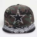 Detail of star embroidery and paisley pattern on the flat brim of a camo baseball cap - Camouflage