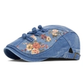 Béret en denim bleu avec broderies florales vintage et boutons traditionnels chinois - Bleu