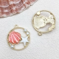 Roze zeester en schelp hanger van legering met goudkleur voor doe-het-zelf sieraden - 1pc Rond Zeester Schelp 25x27mm-3.1g