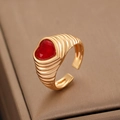 Adjustable golden ring with striped texture and vibrant red heart-shaped gemstone - Gold Striped Red Heart Ring (1090)