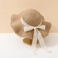 Straw sun hat with white lace bow and scalloped brim for summer beach protection - Adult 55-58cm / Bow Style / Khaki