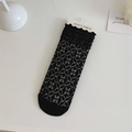 Elegant black lace crew socks with ruffled cuffs and breathable mesh floral patterns - Black Square Flower