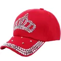 Red denim baseball cap featuring a silver rhinestone crown and sparkling brim details - Adjustable / Red