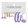 Five-pair gold and purple earring set with butterfly, heart, and pearl charms on a white card - 5 Pairs Set / Purple Gold