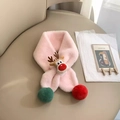 Cozy pink plush Christmas scarf for kids featuring reindeer decor and colorful pom-poms - Reindeer (Pink)