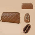 Brown quilted faux leather long wallet with double zippers and card slots - Brown