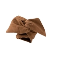 Detail view of brown faux suede wire hair tie featuring a flexible knot bow structure - Brown