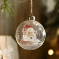 8cm clear glass Christmas ball with Santa Claus design and rustic hanging rope - Santa Claus Interior Style