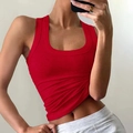 Slim fit red ribbed knit yoga tank top with crew neck and stylish ruched hem detail - S / Red