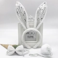White plush bunny ears headband set with sequins, bow tie and tail for party costume - White Sequin