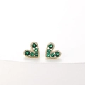 Exquisite gold heart stud earrings with green gemstones and beaded edge texture - Green (ES0041)