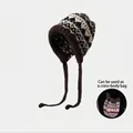 Fair Isle knit earflap hat in brown and blue that converts to a crossbody bag - Pattern Bag Hat-Coffee