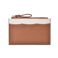 Brown and white bicolor leather coin purse with wave stitching and zipper detail - Brown