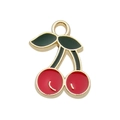 Ciondolo a forma di ciliegia dorata con smalto rosso e foglie verdi per gioielli - Ciliegia / 12x18mm