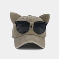 Detail of khaki cat ear baseball cap with decorative aviator sunglasses on the crown - Adjustable / Khaki