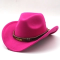 Hot pink wool cowboy hat with wide brim, colorful beads, and a gold feather accessory - M (56-58cm) / Rose Red