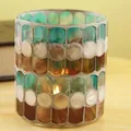 European mosaic glass candle holder in teal and coffee colors with warm interior lighting - Blue Coffee Shell
