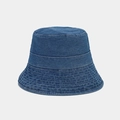 Detail view of deep blue denim bucket hat featuring white multi-row stitching on the brim - M (56-58cm) / Medium Blue