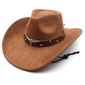 Classic brown suede fedora cowboy hat with metal bull logo and studded leather band - M(56-58cm) / Khaki