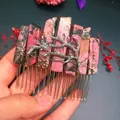 Handmade hair comb with natural pink rhodonite crystal stones and silver branch detail - Rhodochrosite + Branch