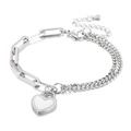 Silver double-layer bracelet with paperclip and Cuban chains featuring a heart lock pendant - Silver Bracelet-White Heart Lock (KB165597-Z)