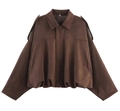 Dark brown faux suede bomber jacket with drop shoulders and a collared neckline - Coffee with Pocket