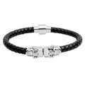 Braided black leather bracelet featuring silver metal skull accents and magnetic clasp - Black/Silver