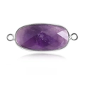 Oval purple amethyst stone connector with silver bezel and double rings for DIY jewelry - Amethyst Silver