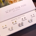 7-day butterfly stud earring set in white gift box featuring gold beads and zircon studs - Set of 7 Pairs White Gold Bead Square Drill Style (NS-11031-5)