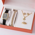 Elegant gold quartz watch set with matching black leather strap, necklace and earrings - Black Strap Gold Square Jewelry Set (A9)