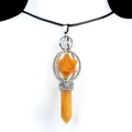 Merkaba hex column necklace with spinning orange crystal star and black cord strap - Yellow Jade