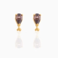 Macro detail of 18K gold plated stud earrings with pear-cut purple zircon gemstones - Pear Shape Gemstone-Gold