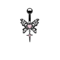 Detail of black butterfly navel ring with pink heart stone and hanging cross star - Black Base Butterfly Cross (24022904-3)