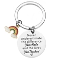 Inspirierender Edelstahl Schlüsselanhänger mit Regenbogenwolke und Gravurspruch - Silber Rund + Regenbogen Anhänger
