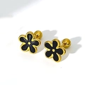 Elegant gold-plated 3D flower stud earrings with black enamel inlay and screw back - Black Gold Flower (Single)