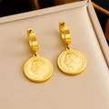 Vintage gold-plated stainless steel hoop earrings with embossed coin charms for women - Retro Coin Style (E6223)