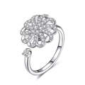 Rotating floral silver ring with shimmering zircon stones and adjustable open band design - Rotating Petals