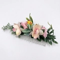 Bohemian bridal hair comb featuring pink artificial flowers and green leaves with silver prongs - FS41-6 Creamy Pink