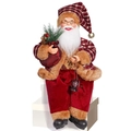 12-inch zittende Kerstman pop in donkerrood geruit kostuum met lantaarn en geschenkzak - Zittende Kerstman met Lantaarn Rood Goud Geblokt