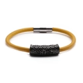 Detail view of yellow leather bracelet with engraved vintage grey metal cross charm - Cross Stitch Black