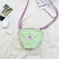Light green fabric mini crossbody bag with colorful patch and purple braided rope strap - Fruit Green