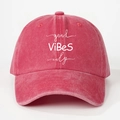 Detail of deep pink washed cotton baseball cap with white good ViBeS only embroidery - One Size / Watermelon Red