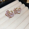 Pink floral C-shaped hoop earrings with white pearls and gold accents in jewelry tray - French Retro Flower Cluster Style (Pink)