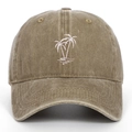 Detail of pink coconut tree embroidery on vintage washed brown cotton baseball cap - Khaki