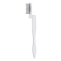 Close-up of portable foldable eyelash comb with fine steel teeth and white handle - Foldable Silver Teeth-Transparent